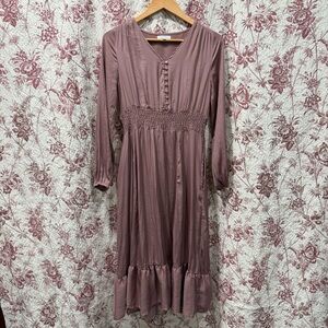 Sweet Salt Mauve Smocked Waist Long Sleeve Midi Dress Small